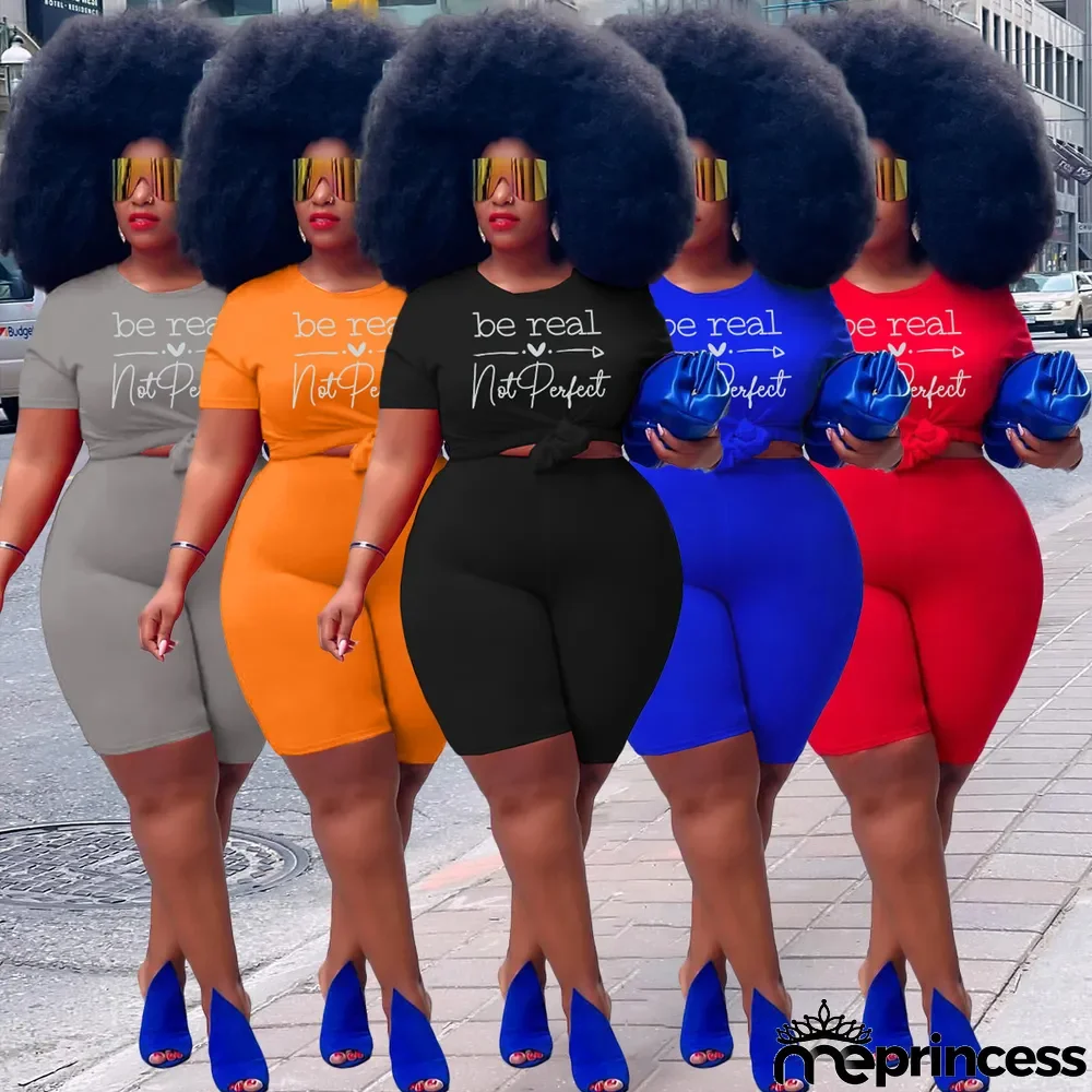 Plus Size Casual Letter Print Short Sleeve Shorts Two Piece Sets