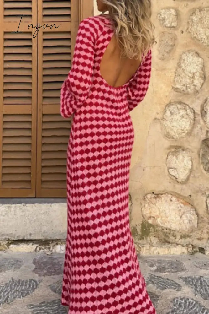 Ingvn - Sexy Plaid Backless Contrast Weave O Neck A Line Dresses Red / S Dresses/Boho