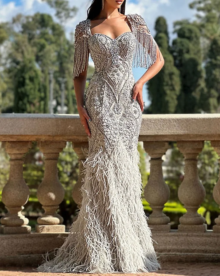 Crystal-embellished fringed feather gown