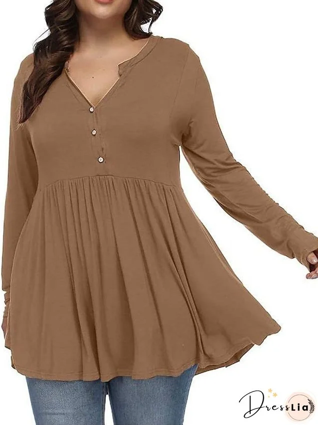 T shirt Tee Light Blue claret Deep Purple Plain Button Flowing tunic Long Sleeve Daily Weekend Basic V Neck Long Plus Size L for Women