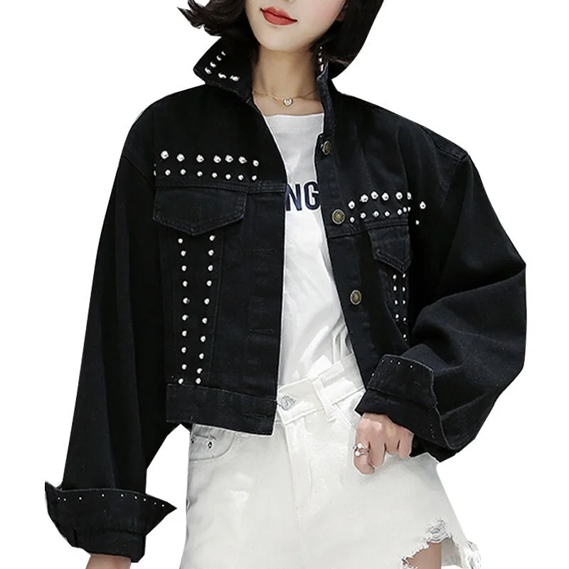 Denim Jacket Jeans Coats Women 2019 Autumn Vintage Rivets Black Jaqueta Feminina Casacas Casual Woman Short Bomber Jeans Jacket