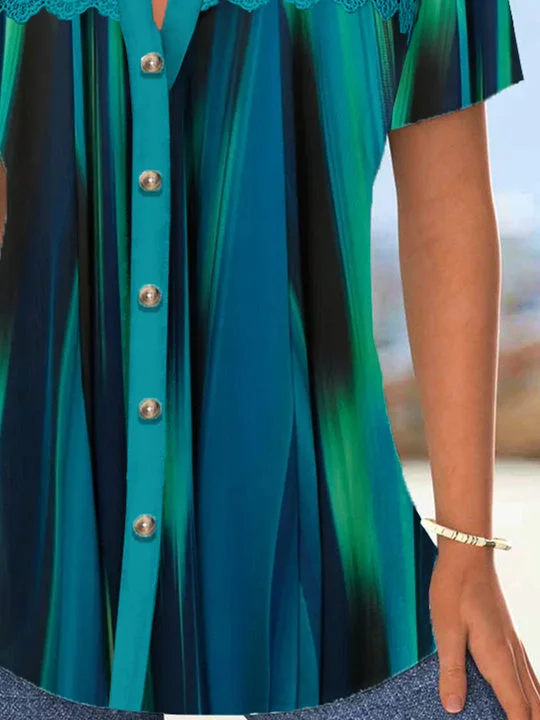 Women's Short Sleeve V-neck Hollow Graphic Lace Top