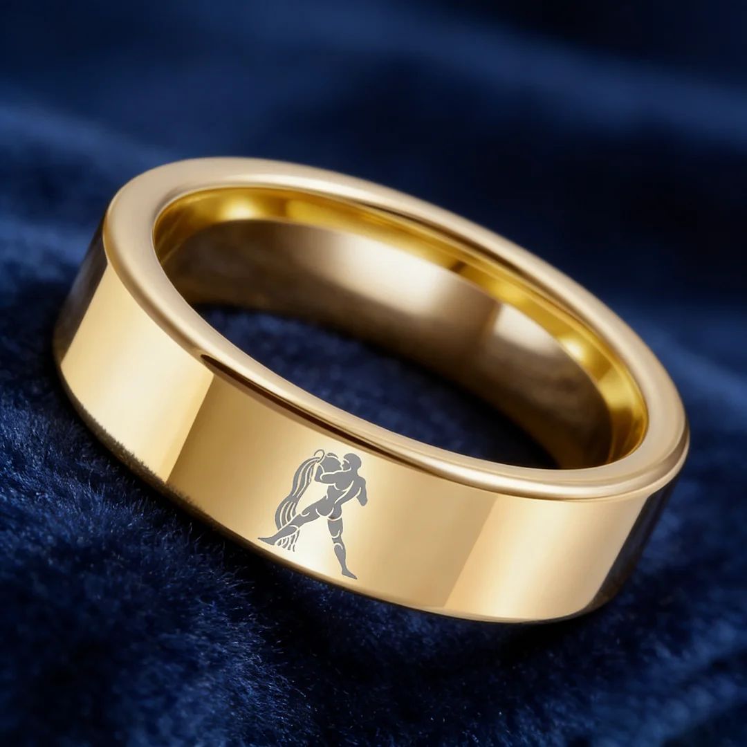 Flat Aquarius Tungsten Wedding Band Tungsten Ring Gold Comfort fit for Womens or Mens 4MM 6MM 8MM