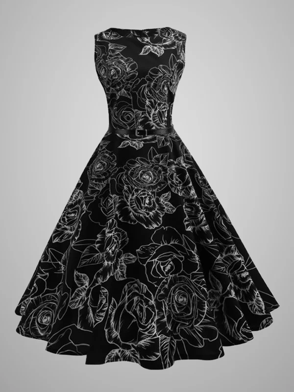 Hepburn Style Vintage Floral-printed Belt Sleeveless A-line Dress
