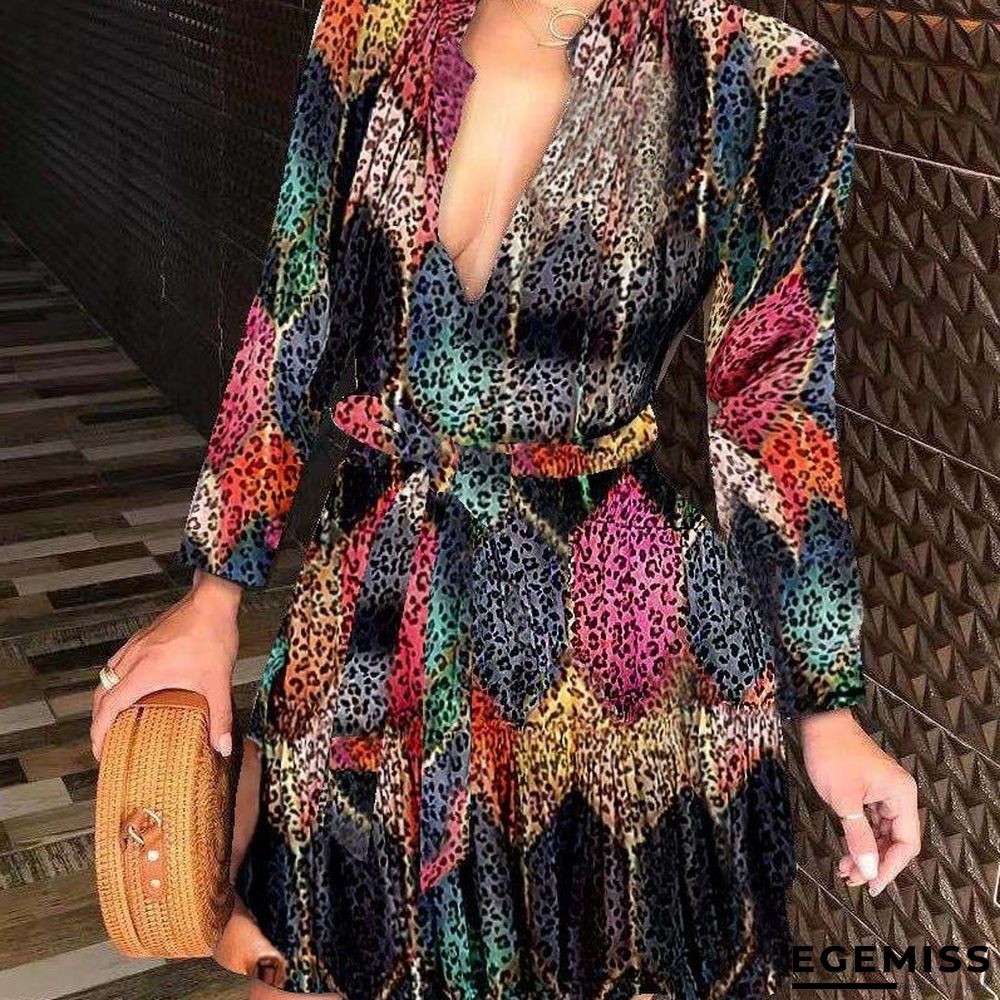 Autumn and Winter New Long Sleeve V-neck Bandage Fashion Sexy Printed Dress | EGEMISS