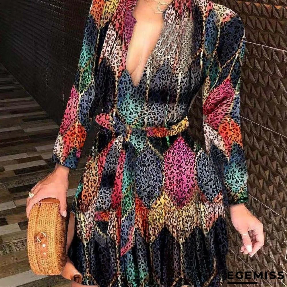 Autumn and Winter New Long Sleeve V-neck Bandage Fashion Sexy Printed Dress | EGEMISS