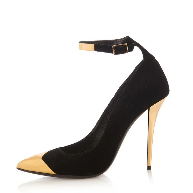 Black & Gold Ankle Strap Heels Pointed Toe Stiletto Pumps Shoes