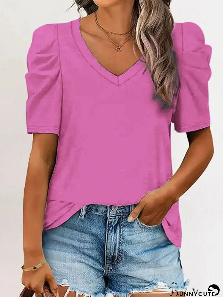 Rose Ruched V-Neck Puff Sleeve Tee for Women