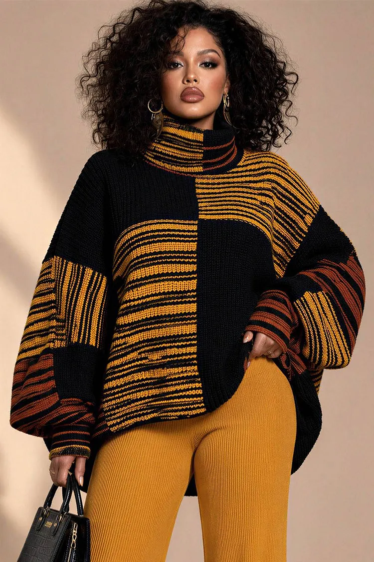 Xpluswear Design Plus Size Daily Yellow Colorblock High Collar Lantern Sleeve Long Sleeve Crochet Sweaters [Pre-Order] 2024 - Xpluswear