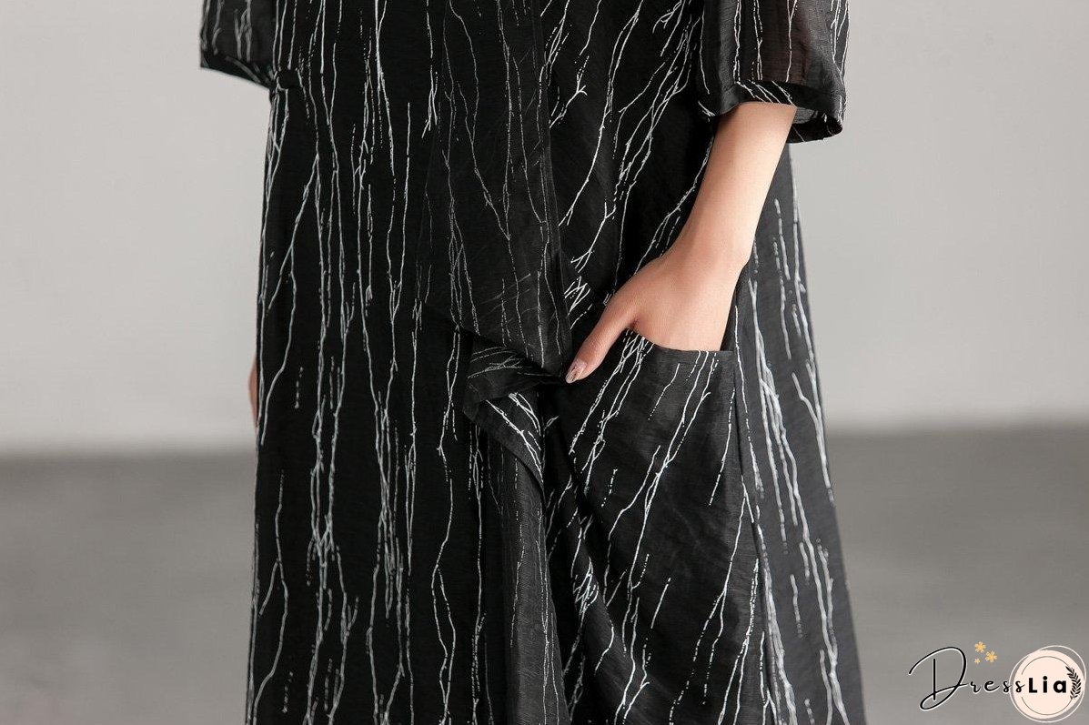 Loose Black Women Round Neck Casual Dress