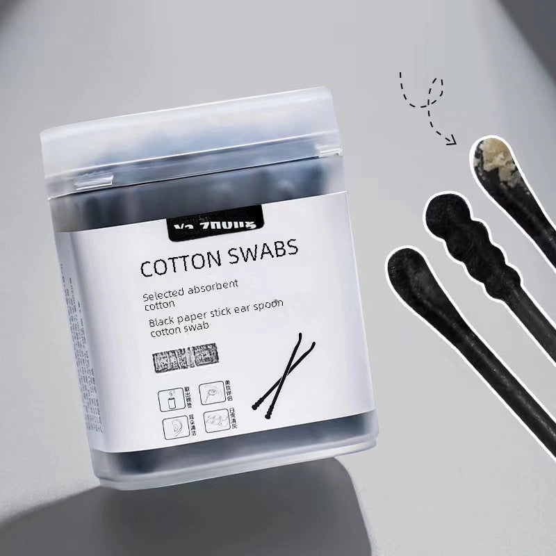 Double-headed Dual-use 2-in-1 Black Absorbent Cotton Swab Ear Spoon Makeup Household Disposable Cotton Swab Cleaning Ear Cleaning 100 Pieces