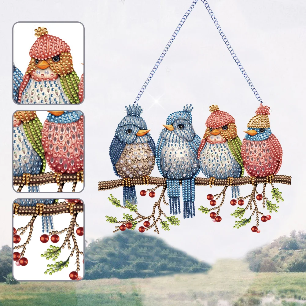 DIY Birds on Branch Acrylic Single-Sided Diamond Painting Hanging Pendant