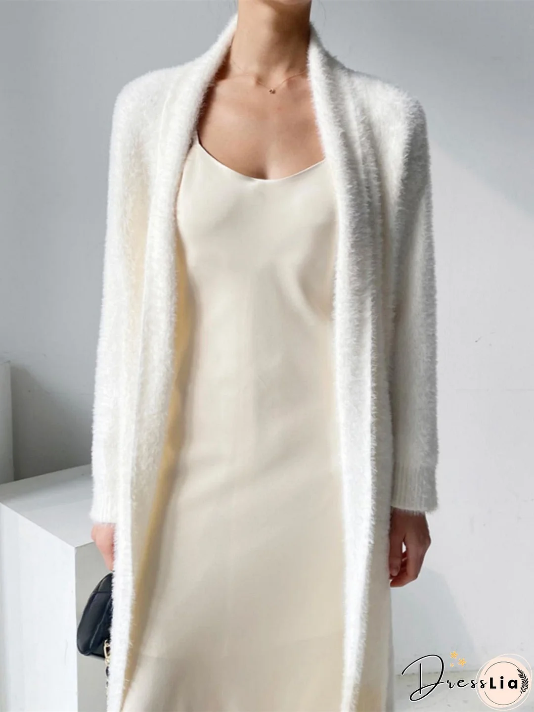 Long Length Fuzzy Knit Cardigan, Casual Open Front Long Sleeve Sweater, Women's Clothing