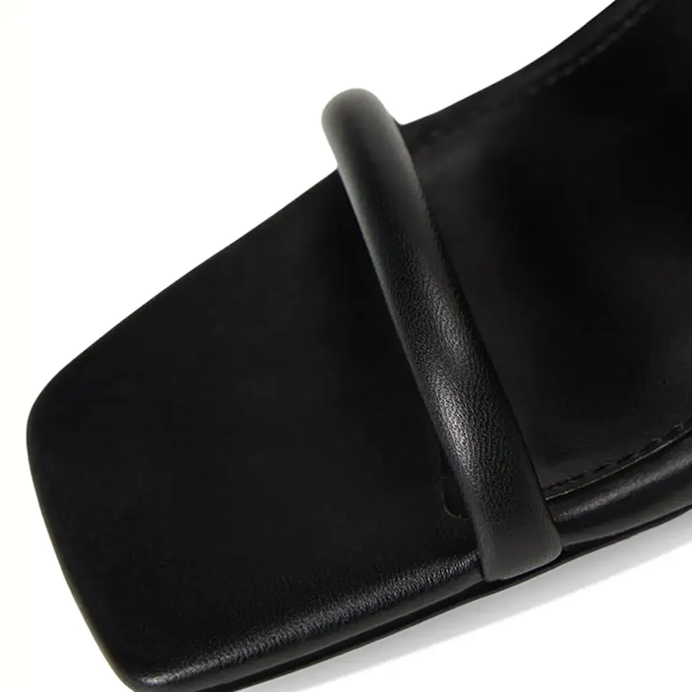 Black Square Toe Ankle Strap Buckle Chunky High Heels Sandals