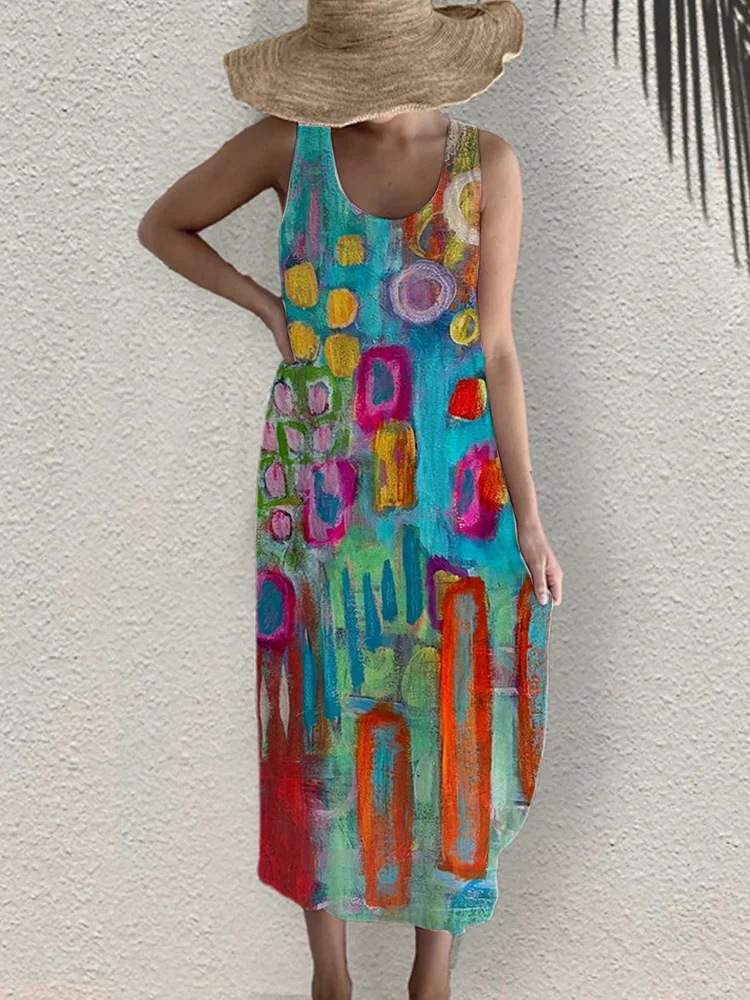Retro colorful geometric print casual Maxi Dress