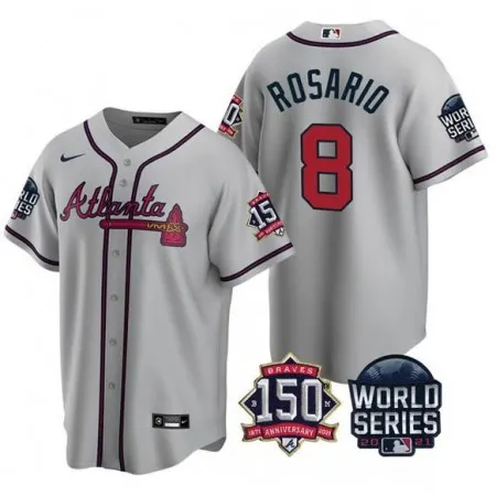 Men's Atlanta Braves #8 Eddie Rosario 2021 Gray World Series With 150th Anniversary Patch Cool Base Stitched Jersey K1SM