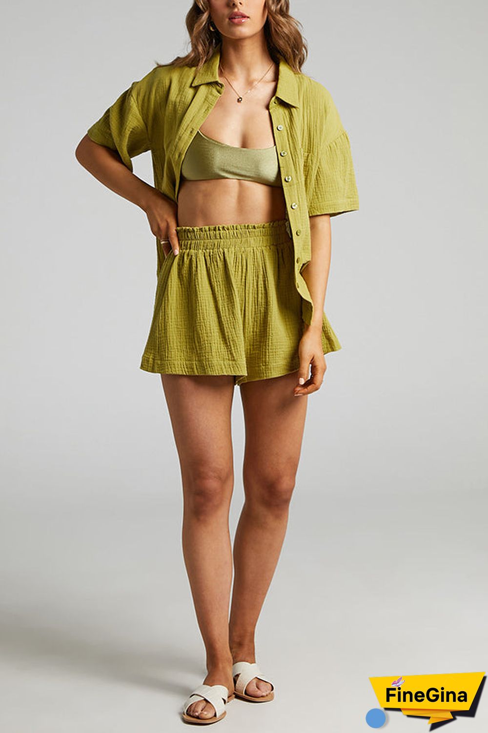 Button Half Sleeve Blouse Short Set