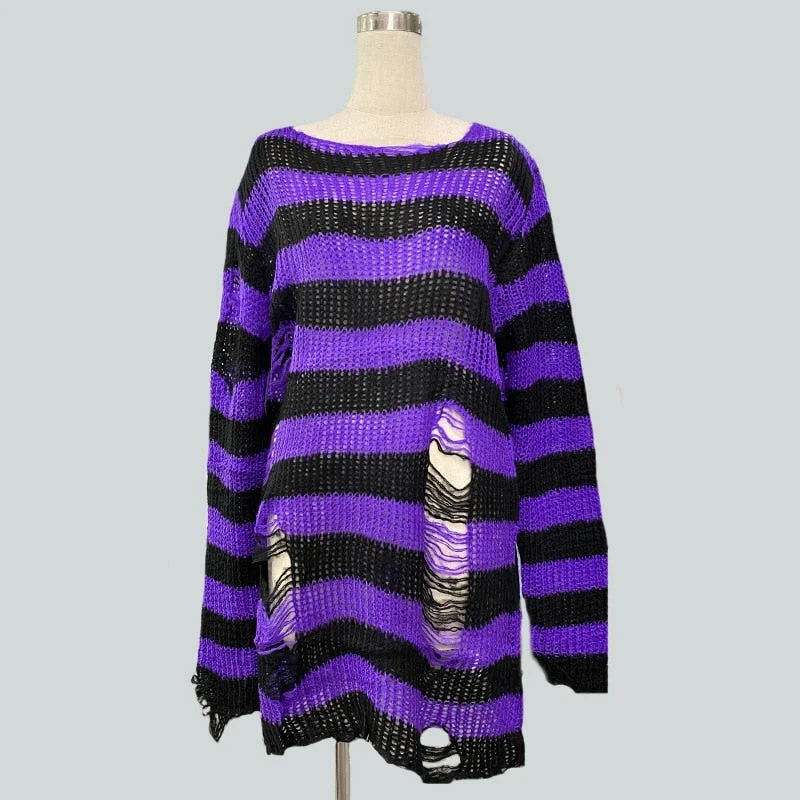 2021 Women Man  Sweater Dress Punk Gothic Long Unisex Cool Hollow Out Hole Broken Striped Jumper Loose Rock Thin Sweater