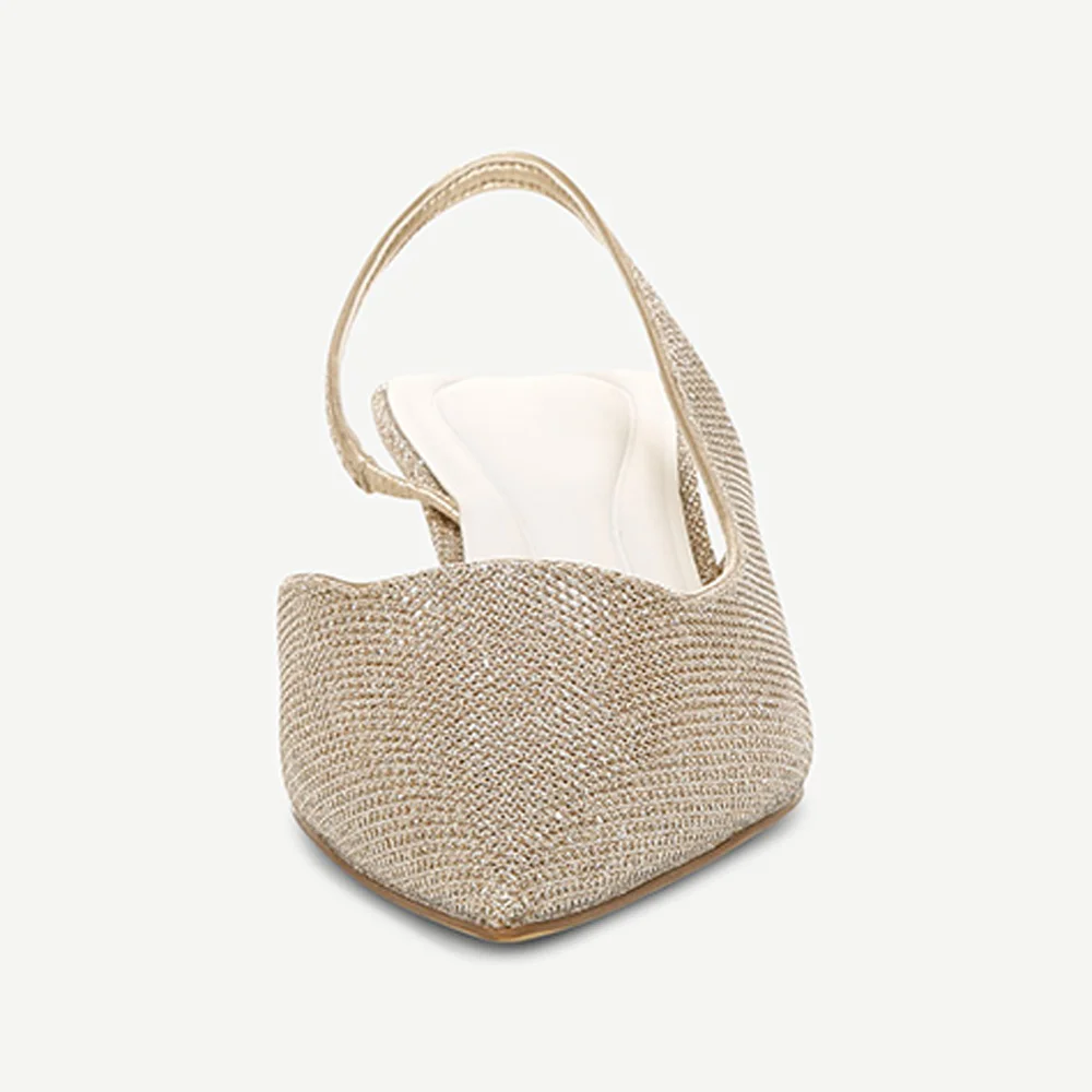 Women's Fashion Gold Fabric Pointed Toe Slingback Kitten Heels