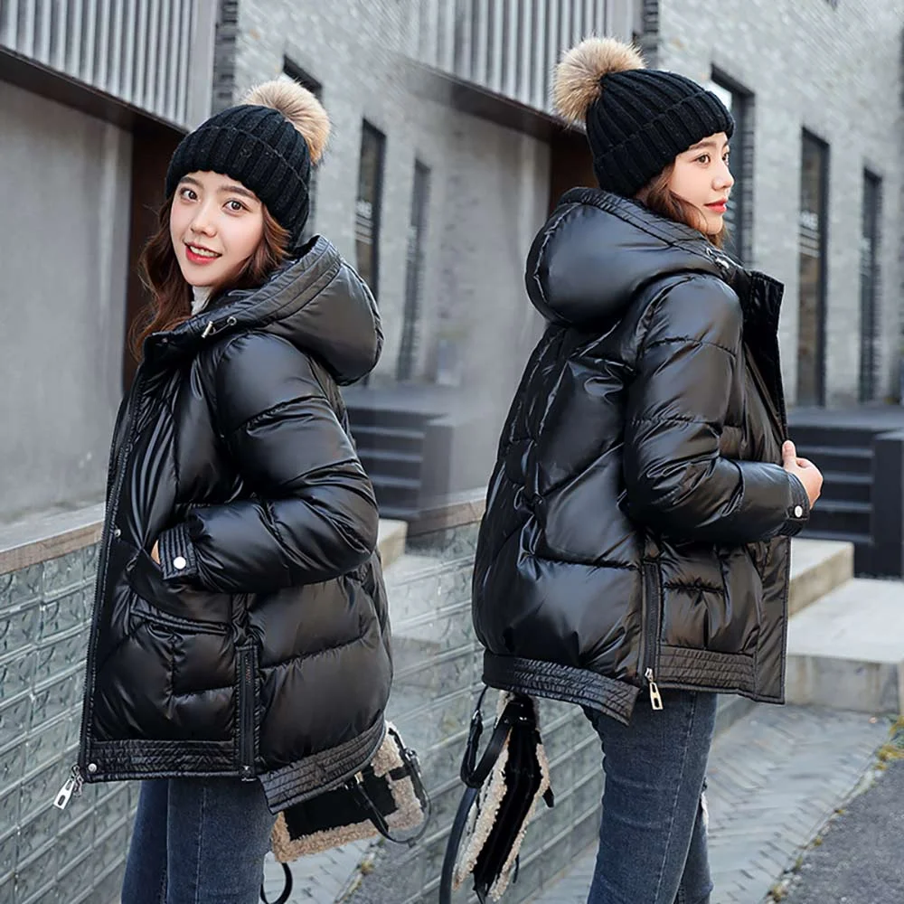 Brownm Short Style Cotton Padded Winter Jacket Women Casual Stand Collar Parkas Winter Coats Female Fashion Shiny Outwear