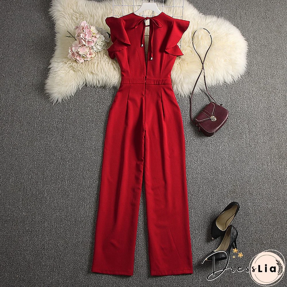 ALPHALMODA Summer Women Deep V-neck Sexy Jumpsuits Solid Color Straight Full Length Pants Ladies Party Overall Outfit