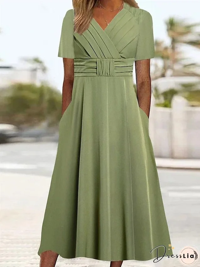 Casual Dress Summer Dress Empire Waist Dresses Midi Dress Ruched Pocket Outdoor Daily Vacation Fashion Streetwear V Neck Short Sleeve Loose Fit Green Color S M L XL XXL Size for Women