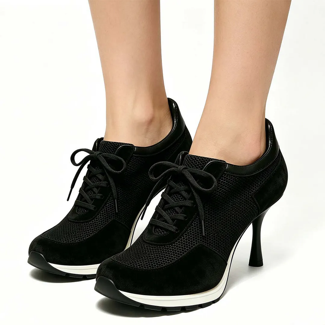 Mesh Patchwork Round Toe Lace Up Sneaker Stiletto Heel All Black Shoes