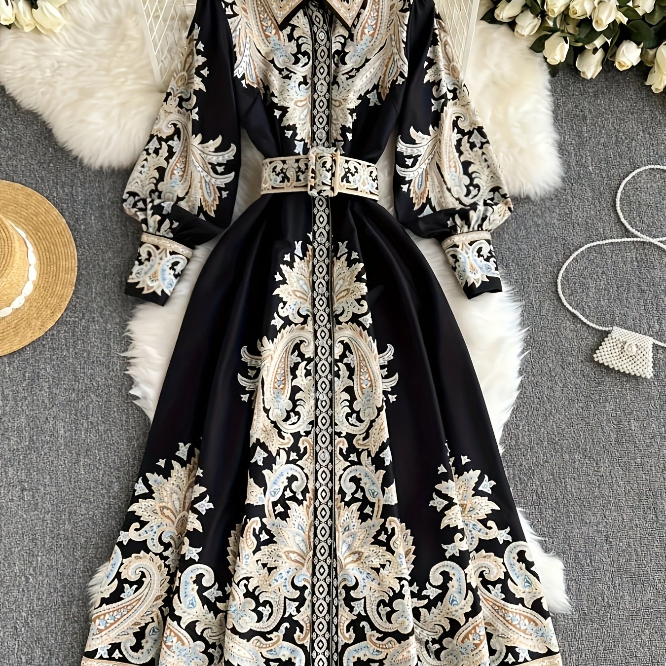 Elegant Bohemian Print Maxi Dress - Long Sleeve Floral Button-Front Dress with Belt