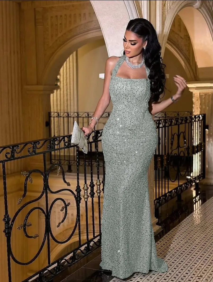 Lussooy Shining Dusty Sage Halter Beaded Sleeveless Sheath Floor Length Prom Dress 