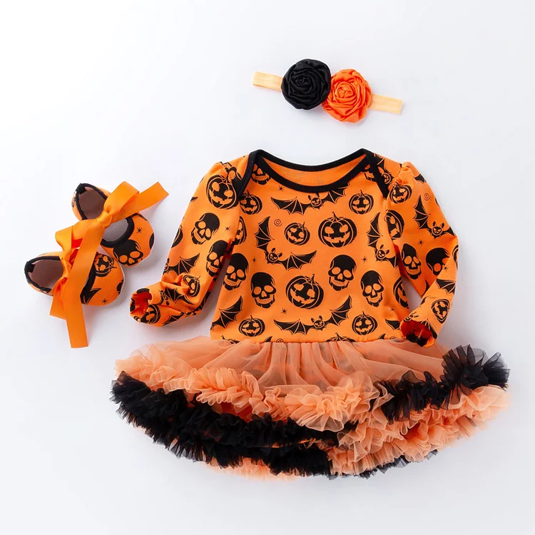 3pcs Baby Toddler Girl Hallowen Wacky Pumpkin Cartoon Print Long Sleeve Dress Set