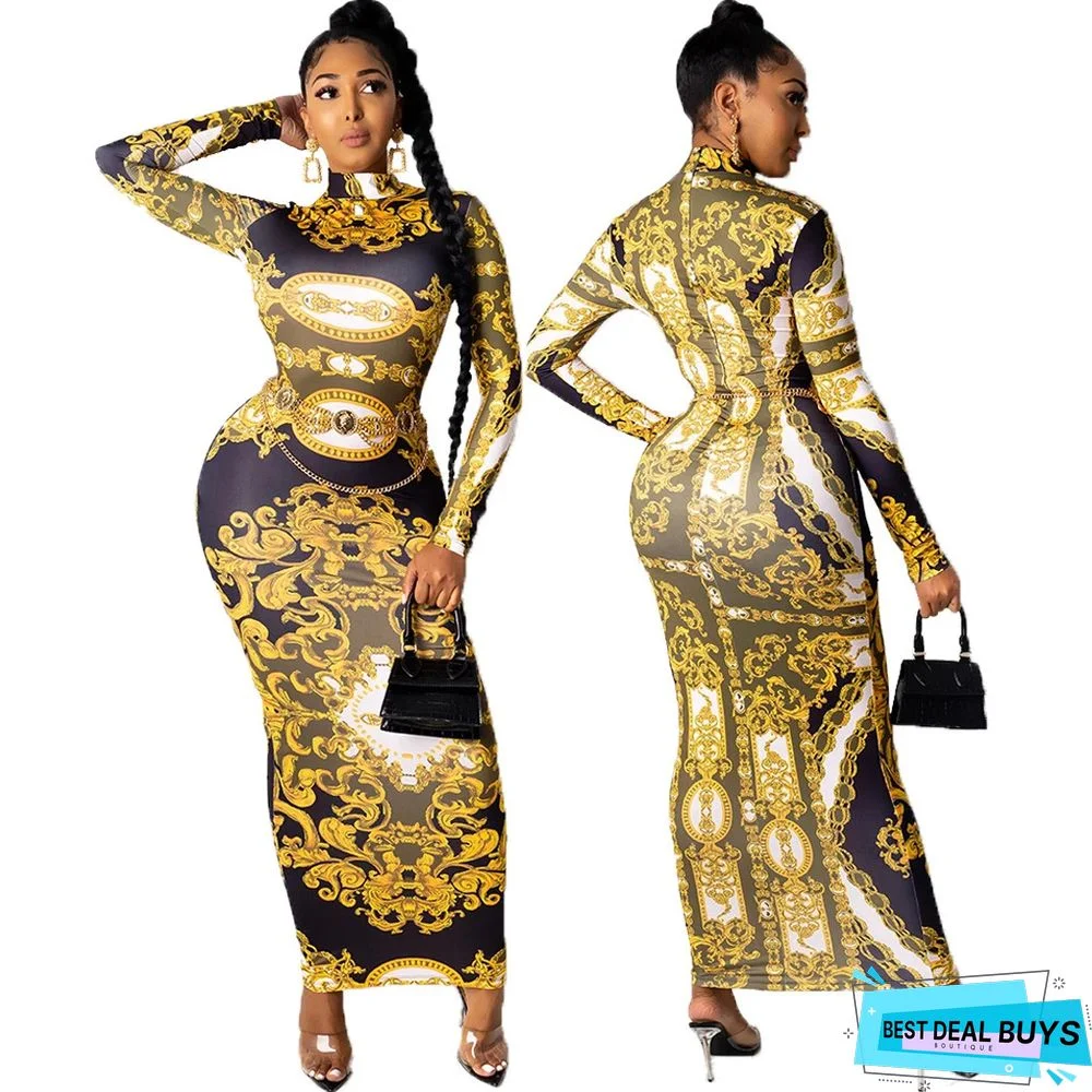 Fashion Sexy Screen Printed Long Sleeve Dress