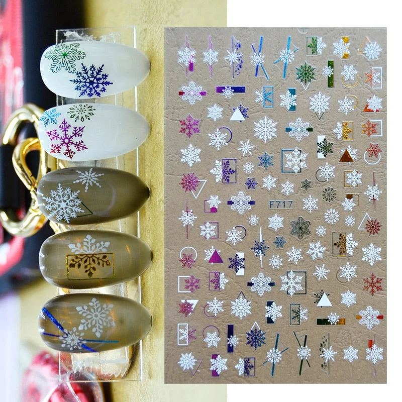 3D Christmas Nail Art Decoration Stickers Sparkly Gold White Colorful Glitter Geometry Snowflake Winter Slider Nail Foils-Nail Inspo