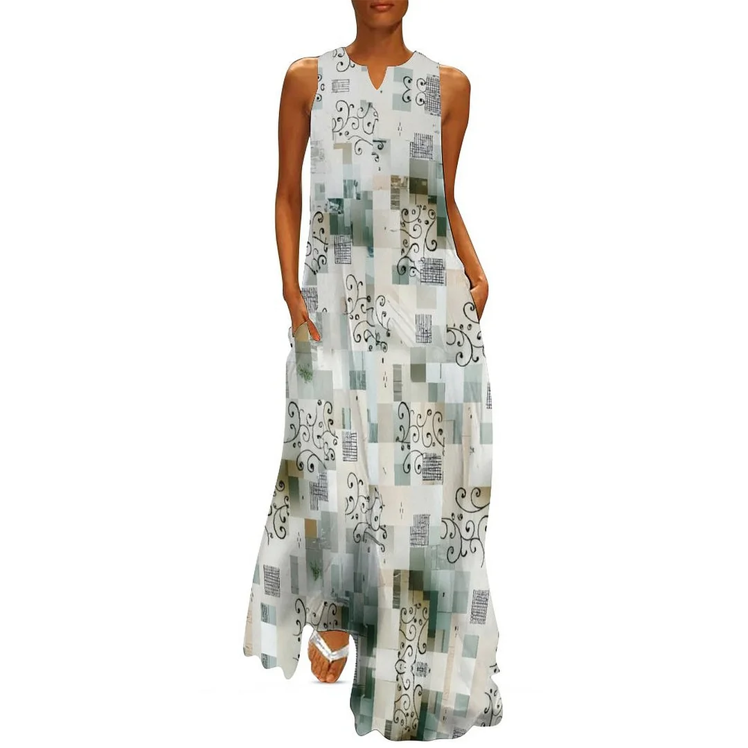 Style & Comfort for Mature Women Plus Size Printed Sleeveless Casual Women Maxi Dress with Pockets in Pattern Green, Vintage, Graffiti