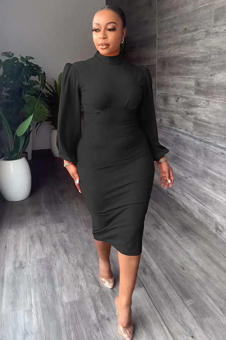 Lantern Slit Sleeve Mock Neck Bodycon Midi Dresses
