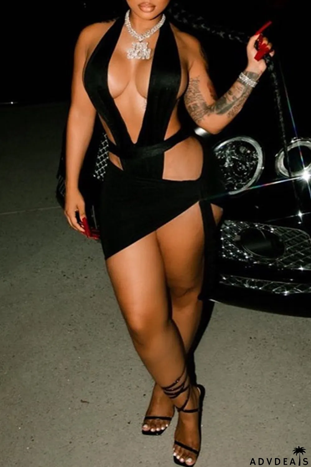 Black Sexy Solid Bandage Halter Sleeveless Two Pieces