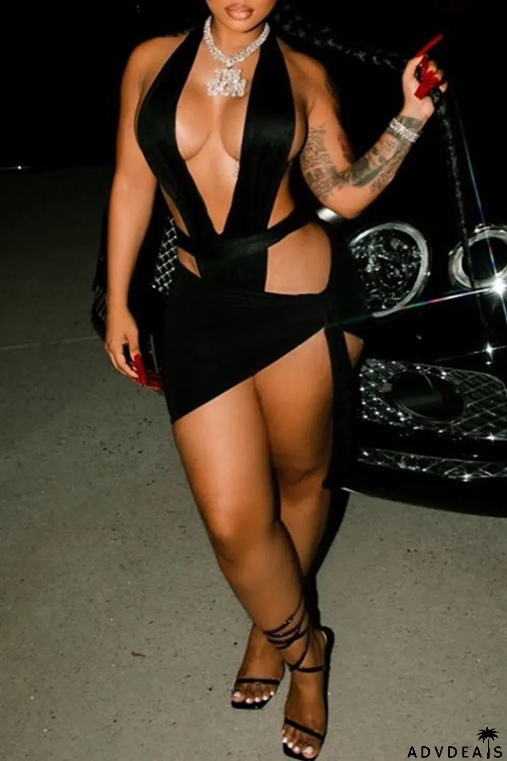 Black Sexy Solid Bandage Halter Sleeveless Two Pieces