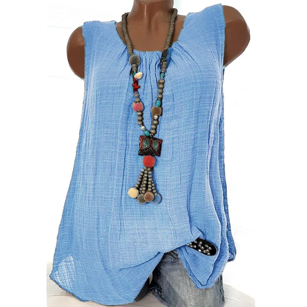 Round Neck Solid Sleeveless Casual T-shirt
