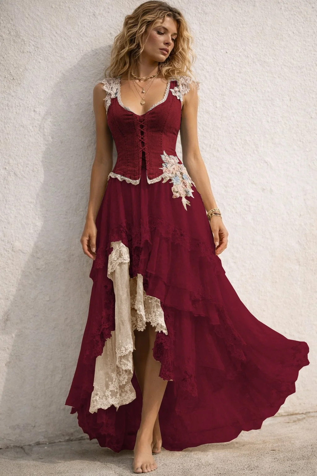 Women's Denim And Lace Layered Maxi Dress With Corset Back And Floral