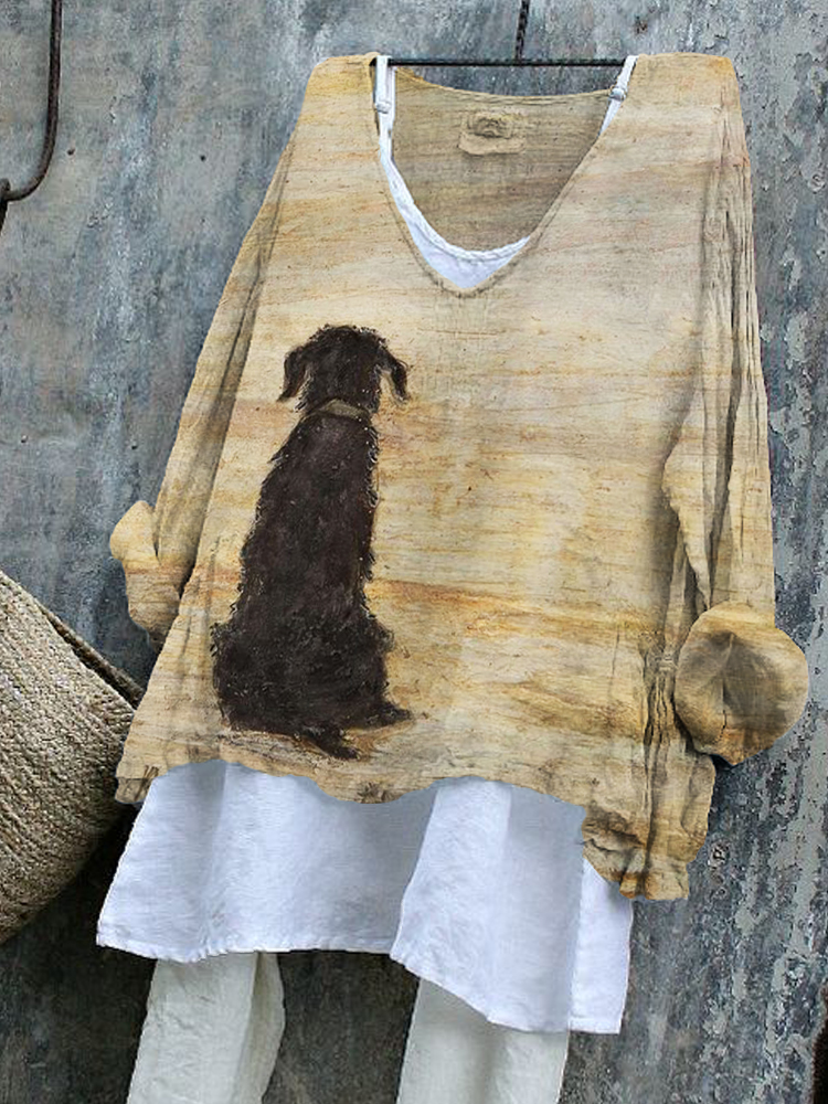 Loyal Waiting Dog Back View Painting Linen Blend Tunic wearshes