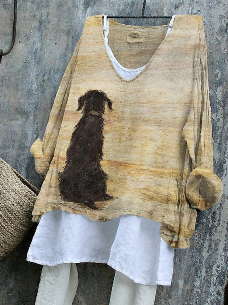Loyal Waiting Dog Back View Painting Linen Blend Tunic