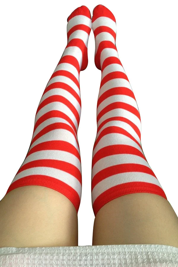 Womens Striped Color Block Christmas Stockings Red-elleschic