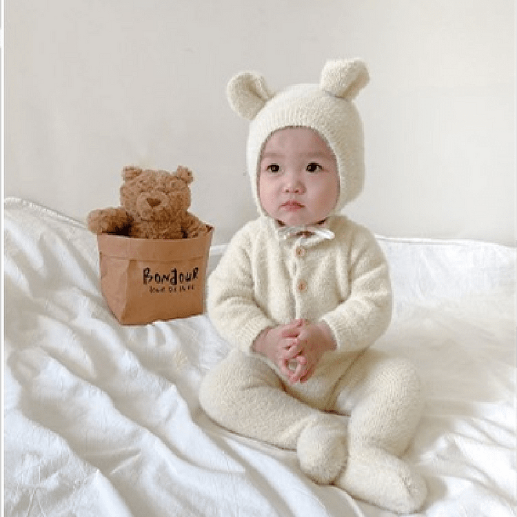 Baby Plush Pajamas Romper with Bonnet