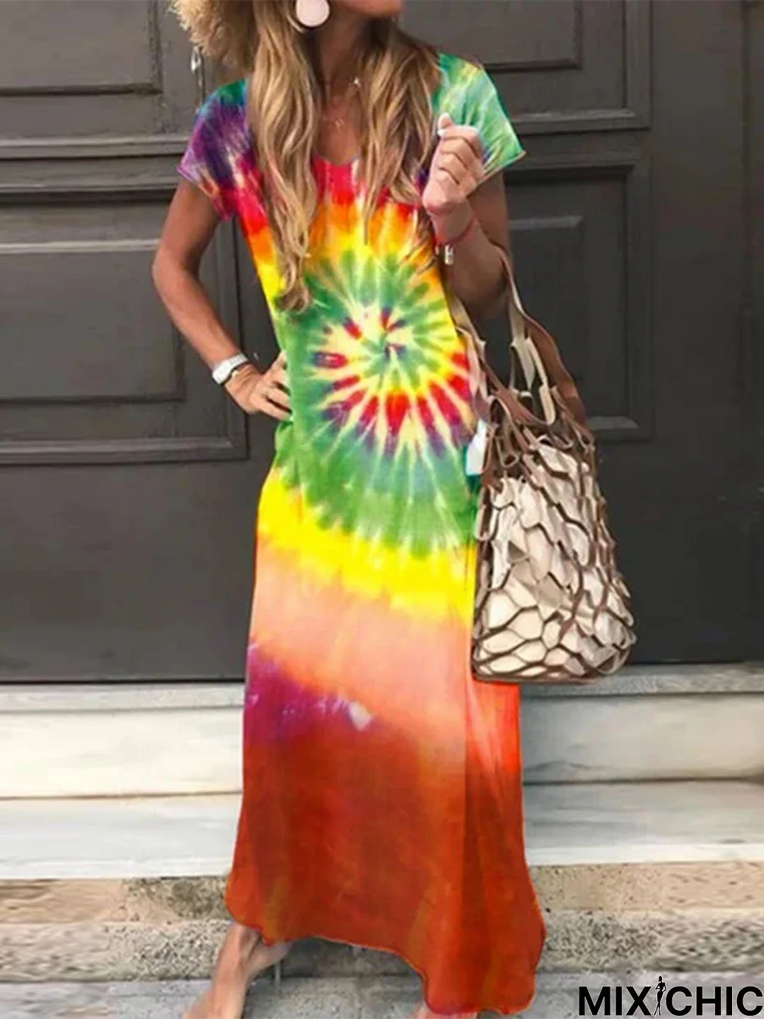 Short Sleeve Casual Ombre/tie-Dye Knitting Dress