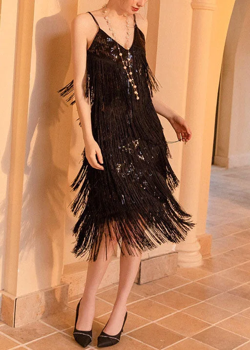 Sexy Black Tasseled Sequins Spaghetti Strap Dress Summer