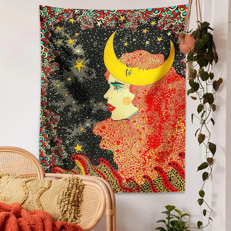 Psychedelic Girl Tapestry Wall Hanging Botanical Celestial Floral Tapestry Hippie Eye Wall Carpets Dorm Decor Starry SkyCarpet