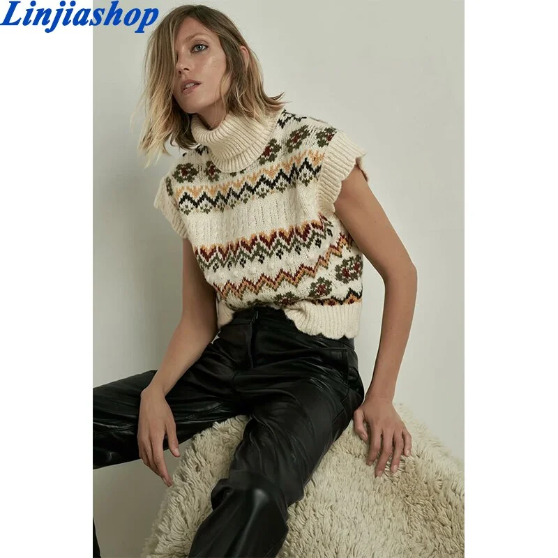 Spring women pullover knitted sweater cropped vest vintage sleeveless reffle trim turtleneck top female chic vestidos