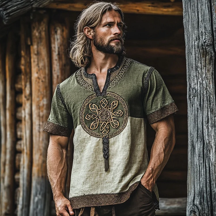 Men's Viking Tribal Celtic Color Contrast Art Linen Shirt