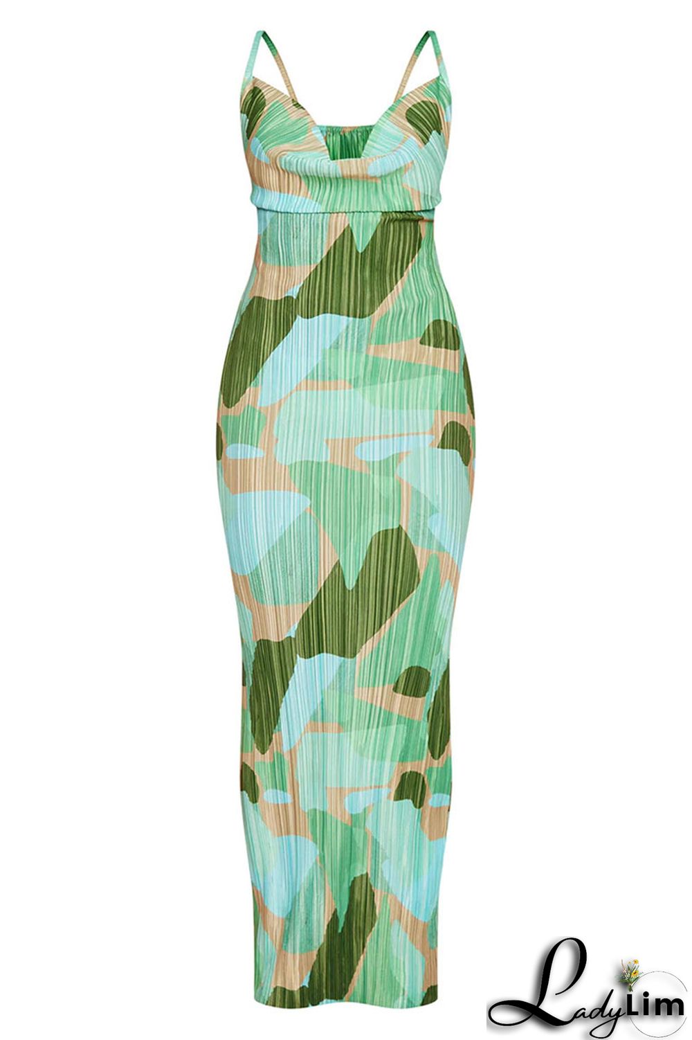 Apricot Red Sexy Print Patchwork Fold Spaghetti Strap Pencil Skirt Dresses