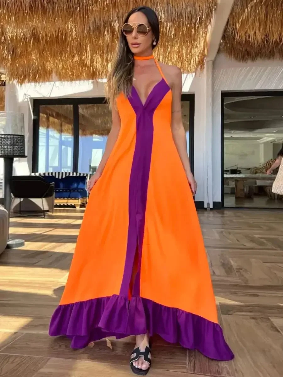 Huiketi New Elegant Women Maxi Dress Halter Sleeveless Backless Casual Loose Robe Summer Beach Holiday Tie Up Dress