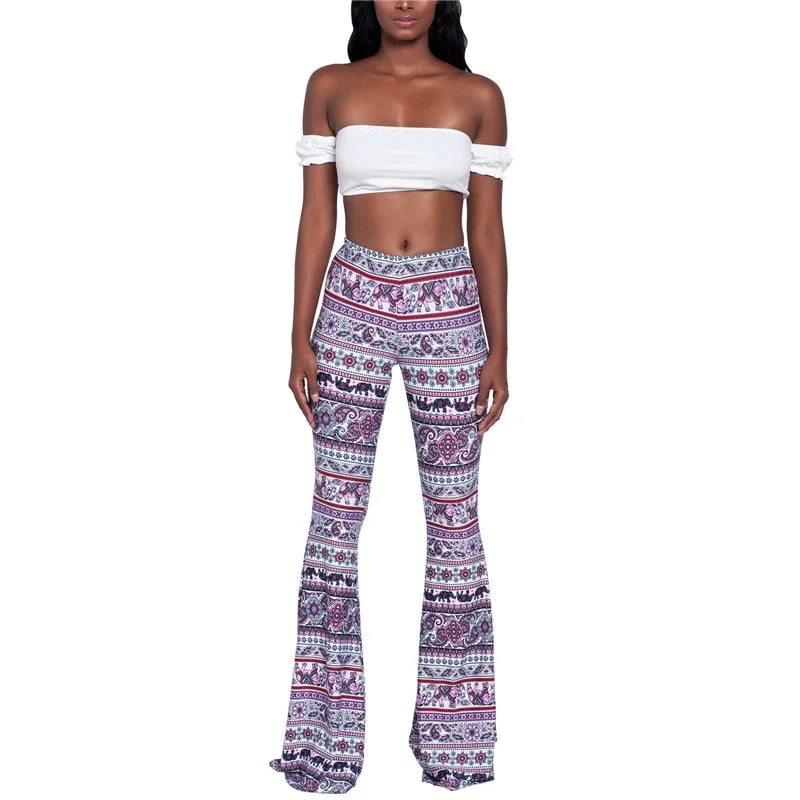 Women Pants New Baggy Flared Pants Boho Style Floral Hippie Wide Leg Gypsy Palazzo Casual Trousers Ladies Bell-bottomed Trousers